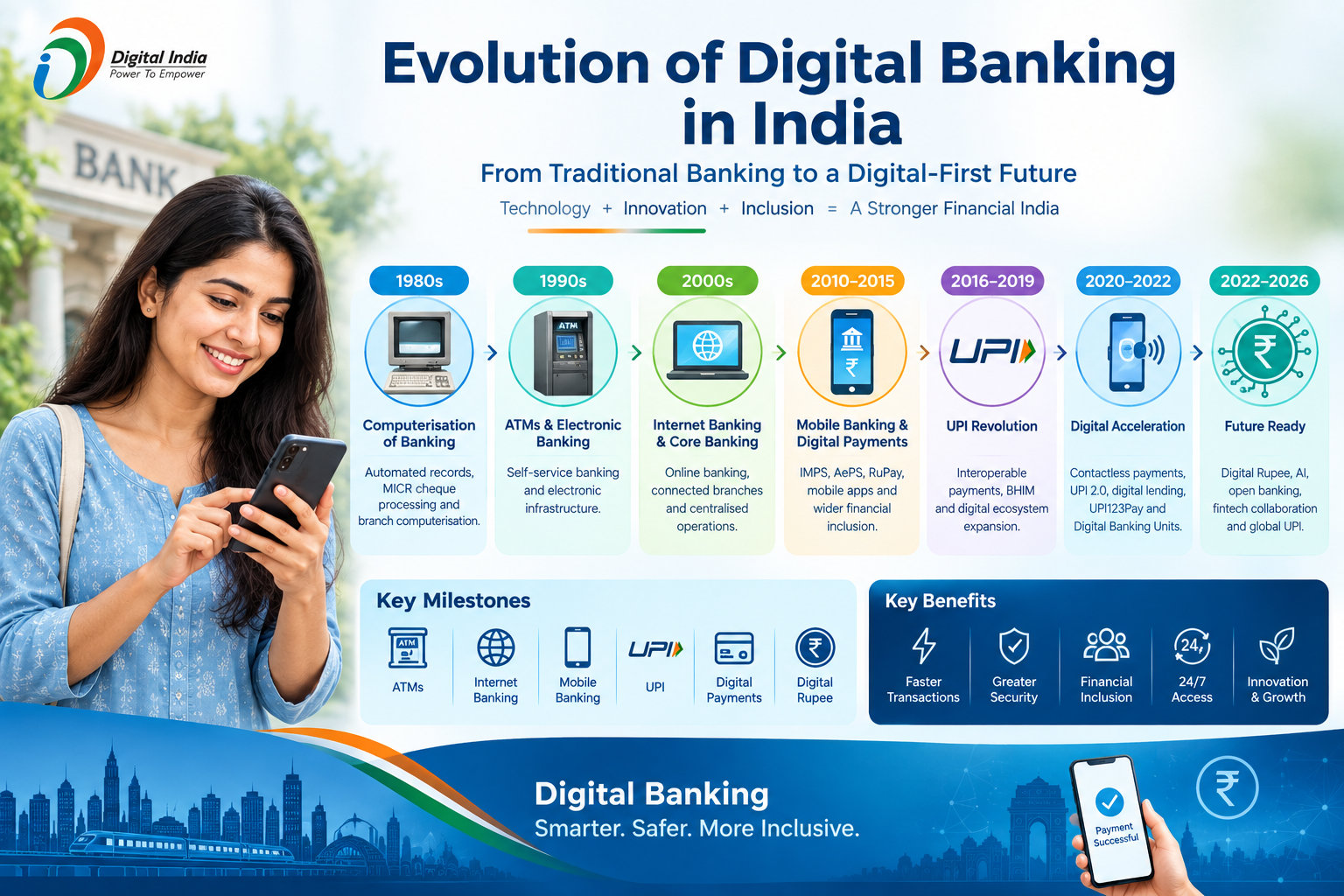 Evolution of digital banking in India showing the journey from traditional banking and computerisation to ATMs, internet banking, mobile banking, UPI, digital payments and the Digital Rupee.